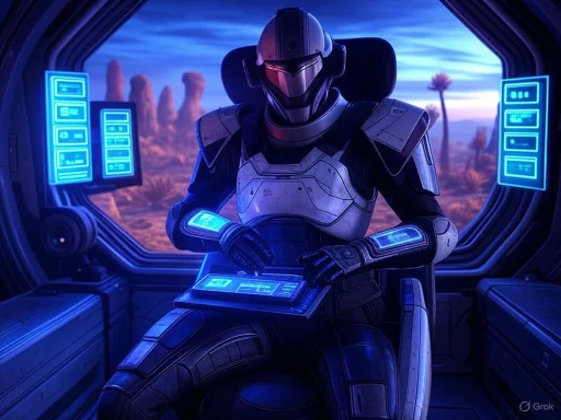 A futuristic soldier in armor using a holographic tablet inside a spaceship with an alien landscape view.