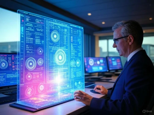 A professional man in glasses analyzes complex holographic data on a futuristic digital display.