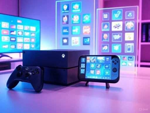An Xbox console with game controller and a portable gaming device in a colorful, tech-themed setup with floating app icons.