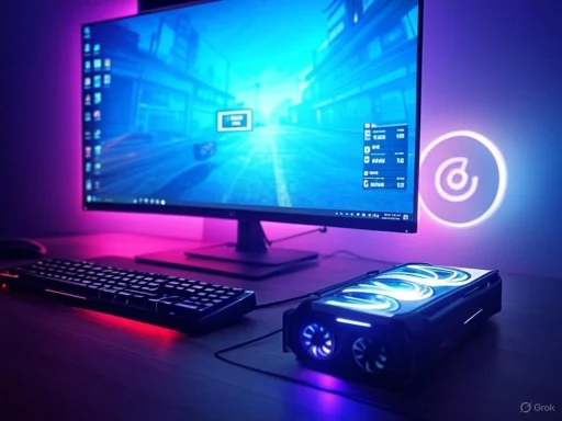 A gaming setup with a large monitor displaying a digital city, illuminated by purple and blue RGB lighting.