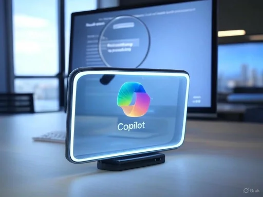 A digital device displaying the Copilot logo in front of a large computer monitor in an office setting. A digital device displaying the Copilot logo in front of a large computer monitor in an office setting.