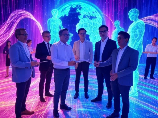 Group of professionals in a digital, futuristic environment with holographic human figures and a globe backdrop.