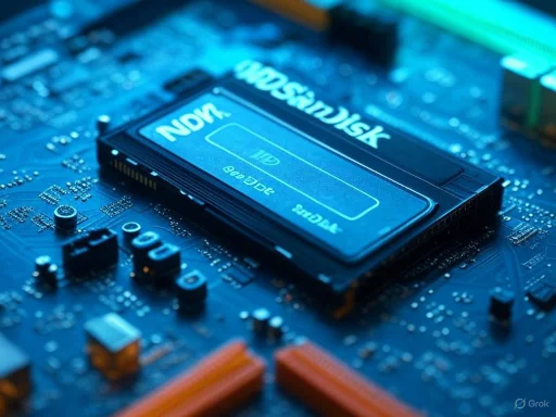 A solid-state drive (SSD) installed on a computer motherboard, highlighted by blue lighting.