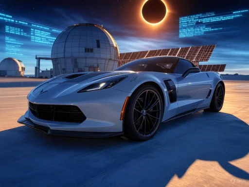 A sleek silver sports car parked on a rooftop with solar panels and observatories under a solar eclipse.