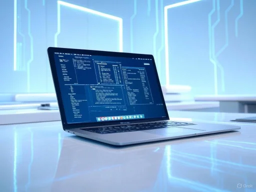 A sleek laptop displays coding or data analysis on a futuristic, neon-lit digital background. A sleek laptop displays coding or data analysis on a futuristic, neon-lit digital background.
