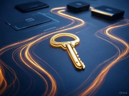 A golden key lies on a dark surface illuminated by glowing, winding lines, with bank cards in the background.
