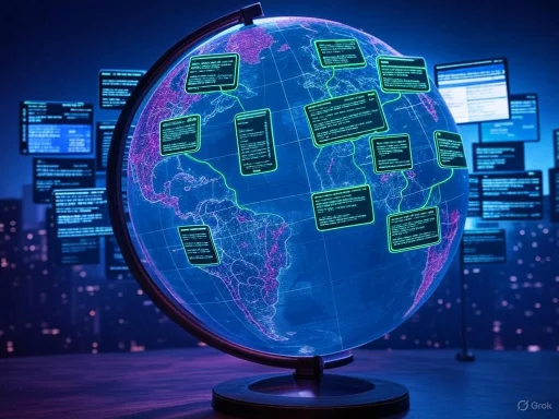 A digital globe displays interconnected data points and code overlays, emphasizing global connectivity and information flow.