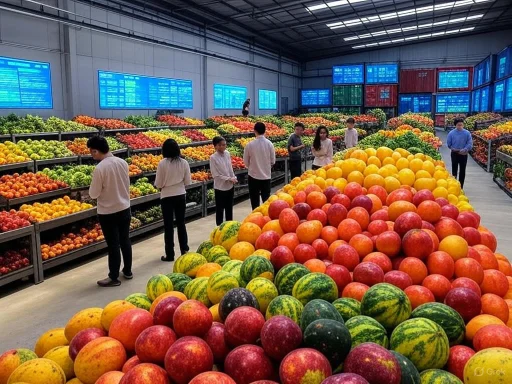 People shopping for various colorful fruits in a large indoor market with digital display screens. People shopping for various colorful fruits in a large indoor market with digital display screens.