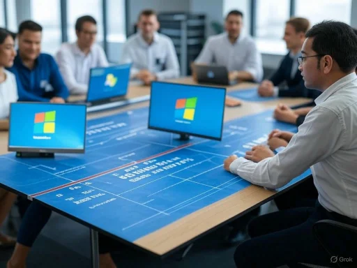 A team of professionals in a meeting room with multiple monitors displaying the Windows logo, seated around a table with a tech-themed surface.