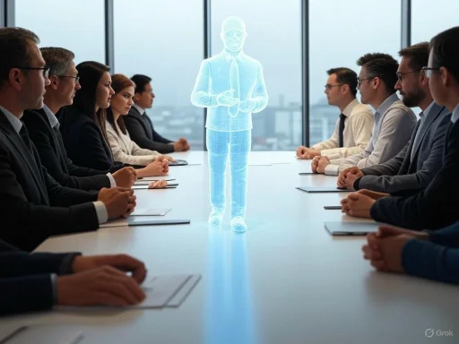 A holographic business professional presents to a seated group in a modern conference room.