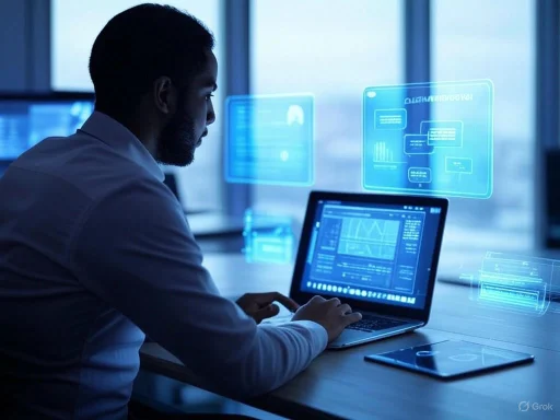 A man analyzes data on a laptop with holographic digital interfaces in a futuristic, high-tech workspace.