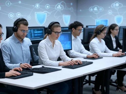 Team of professionals working on cybersecurity or data analysis in a modern office environment. Team of professionals working on cybersecurity or data analysis in a modern office environment.