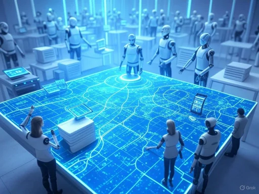 Robots and humans collaborate around a digital city planning table in a futuristic control room.