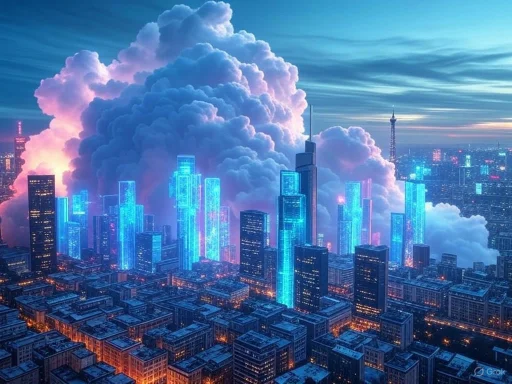 Futuristic city skyline with illuminated skyscrapers and dramatic cloud formations at sunset.