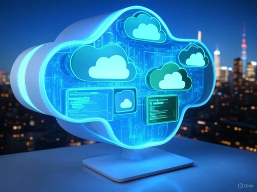 A digital illustration of cloud computing with multiple cloud icons and data screens inside a glowing cloud shape over a city skyline.