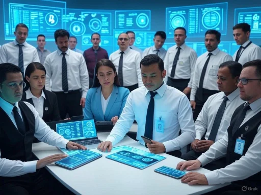 A diverse team of professionals analyzes futuristic data on digital screens in a high-tech control room.