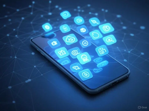 A smartphone displaying various glowing app icons over a digital, networked background.