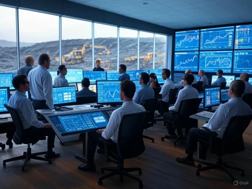 Control room with multiple monitors displaying financial graphs and data, overlooking an excavation site outside.