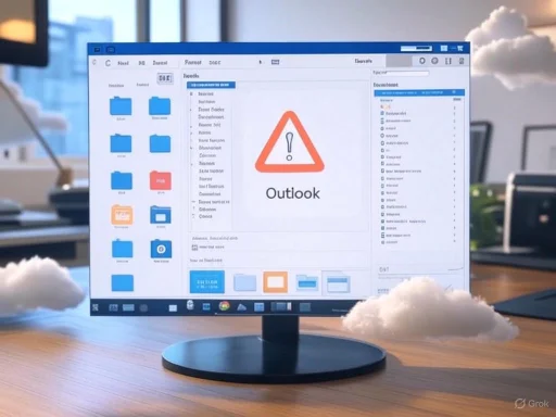 A computer monitor displays an Outlook warning screen with folders, icons, and an alert symbol in an office setting.