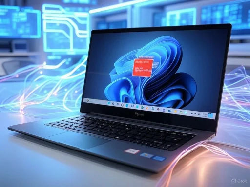 A sleek laptop displays a circuit-themed background with digital light trails in a futuristic tech setting.