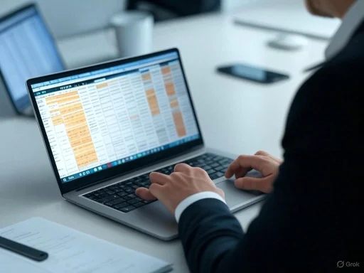 A person in a suit working on a laptop with a detailed spreadsheet open.