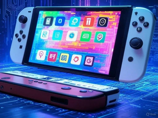 A Nintendo Switch console with neon-themed apps displayed on the screen and a detached Joy-Con controller in a futuristic setting.