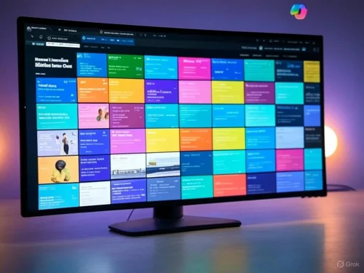 A computer monitor displays a colorful digital schedule or planner on a desk with purple backlighting.