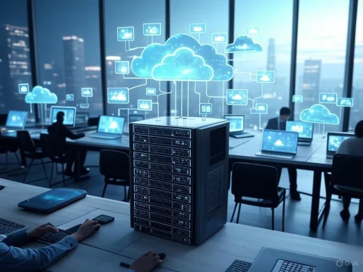 A data center with people working on laptops, connected to cloud computing icons in a modern office setting.