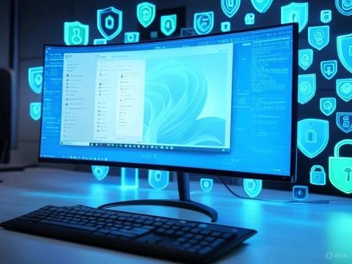 A computer monitor displays cybersecurity software against a backdrop of illuminated security shields and locks.