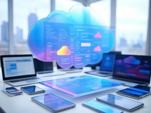 A holographic cloud computing interface displays data over a workspace with multiple laptops and tablets in a modern office. A holographic cloud computing interface displays data over a workspace with multiple laptops and tablets in a modern office.