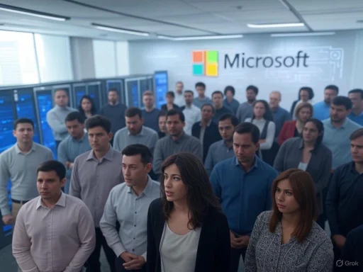 A diverse group of employees gathered in a Microsoft office conference room for a presentation or meeting. A diverse group of employees gathered in a Microsoft office conference room for a presentation or meeting.