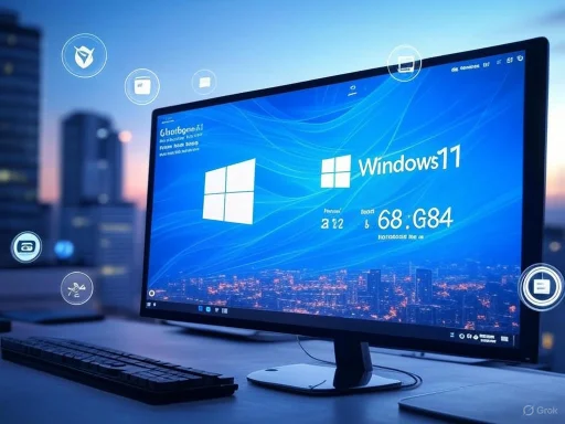 A computer monitor displays the Windows 11 desktop against a city skyline at dusk, with digital icons floating around.