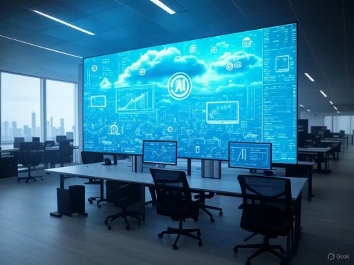 A modern office with large digital screens displaying cloud, AI, and data analytics visuals.