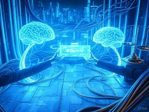 Digital illustration of two human-like figures exchanging a holographic screen with a brain and scales, symbolizing AI and ethics.