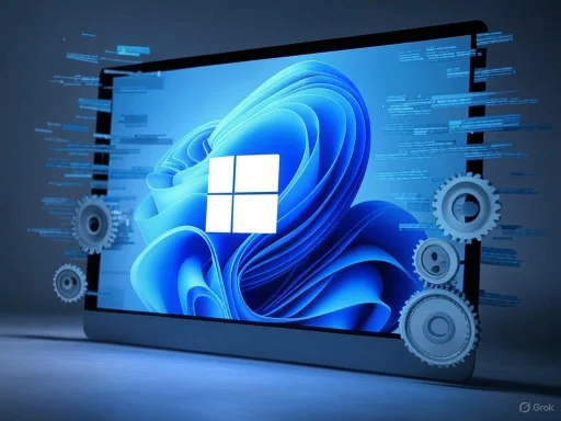 A computer screen displays the Windows logo with surrounding gears and code, indicating system customization or repair.