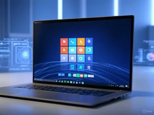 A sleek laptop with a digital interface and colorful app icons displayed on the screen in a modern workspace.