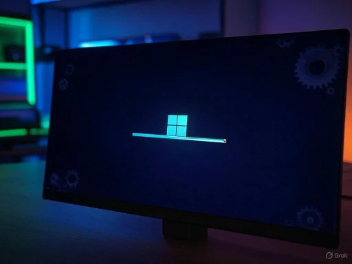 A computer monitor displays the Windows update progress with a dark background and colorful gear icons. A computer monitor displays the Windows update progress with a dark background and colorful gear icons.