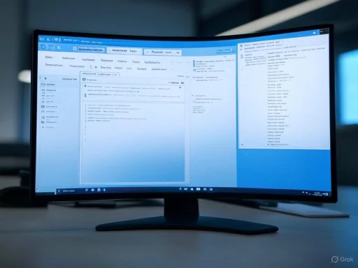 A computer monitor displaying a software interface with multiple open windows and email or document content.