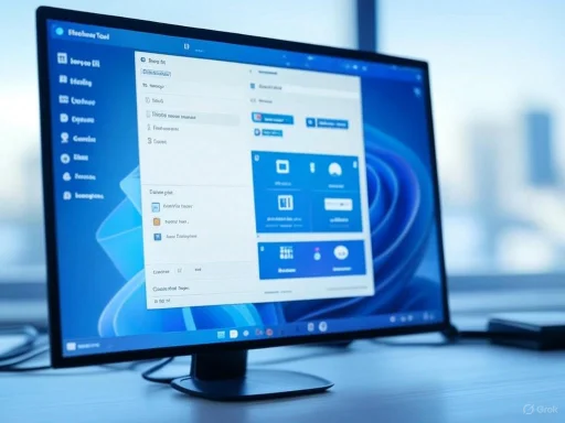 A computer monitor displays a digital note-taking or organizing application with various icons and text, on a desk in a modern office. A computer monitor displays a digital note-taking or organizing application with various icons and text, on a desk in a modern office.