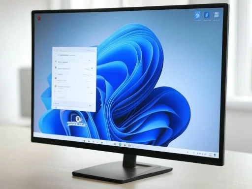 A modern computer monitor displaying a Windows 11 desktop with open applications and a blue, swirling wallpaper.