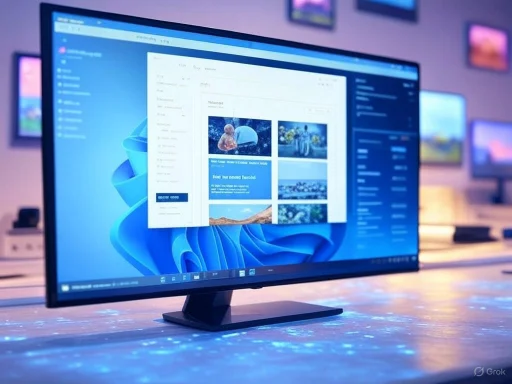 A computer monitor displaying a digital interface, with a blurred gallery of framed artworks in the background.