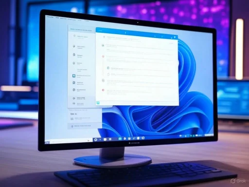 A computer monitor displays a Windows 11 desktop with open apps, set against a colorful, modern workspace background. A computer monitor displays a Windows 11 desktop with open apps, set against a colorful, modern workspace background.