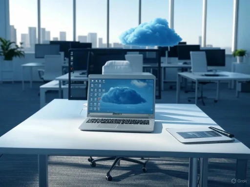 A modern office with cloud images on screens, symbolizing cloud computing or technology integration.