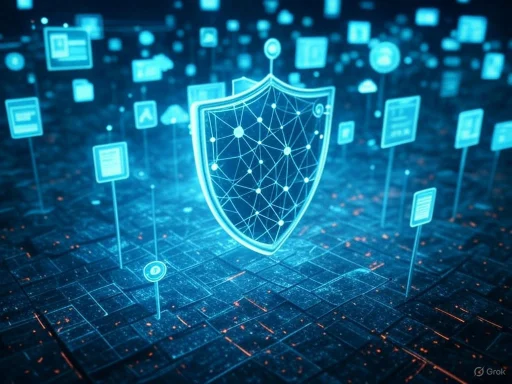 Digital security concept with a glowing shield and floating data icons in a virtual network.