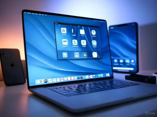 A modern workspace featuring a laptop with multiple screens, a smartphone, and wireless accessories. A modern workspace featuring a laptop with multiple screens, a smartphone, and wireless accessories.