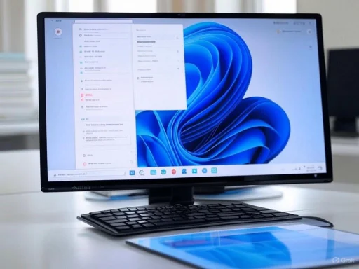 A desktop computer setup with a monitor, keyboard, and tablet on a white desk in an office environment.