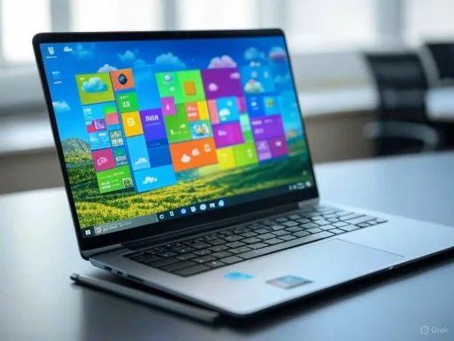 A modern laptop displaying a colorful Windows 8/10 start screen on a white desk.