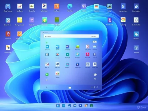 A computer desktop with a centered app window showing various software icons, against a swirling blue background.