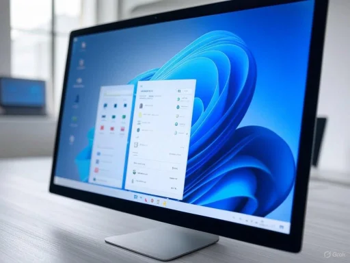 A sleek, modern computer monitor displaying the Windows 11 desktop with a clean user interface.