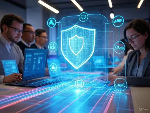 The image depicts a cybersecurity meeting with a holographic shield and related icons, emphasizing digital security.